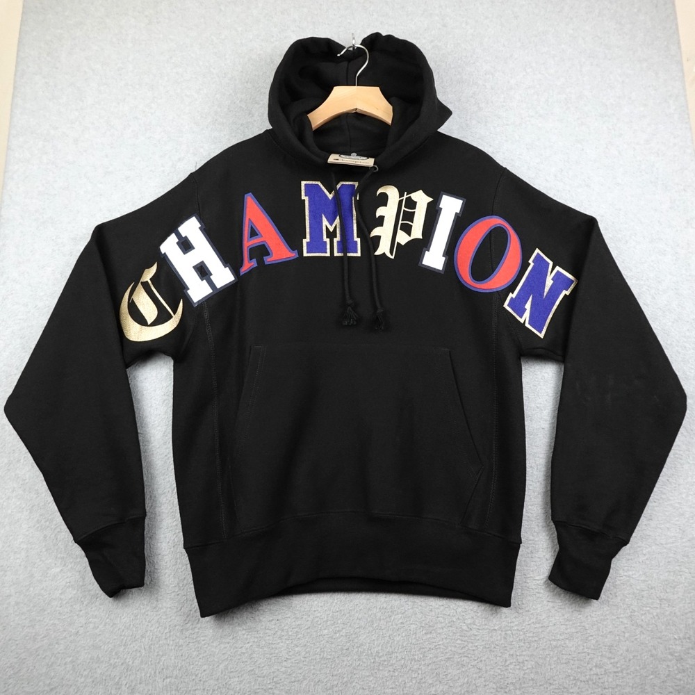Champion Reverse Weave Hoodie Mens Small Black Varsity Script Logo Print NWT